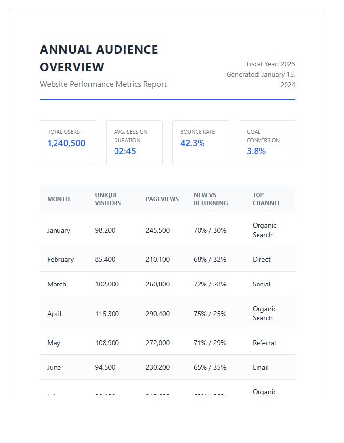 Annual Website Audience Overview Printable Chart