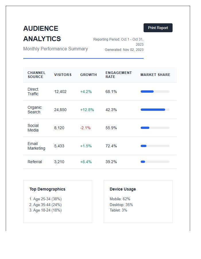 Business Website Audience Data Printable Chart