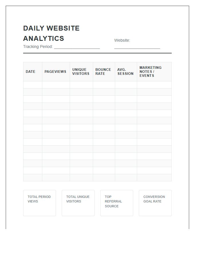 Daily Website Analytics Tracking Printable Chart