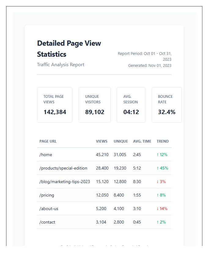Detailed Page View Statistics Printable Chart
