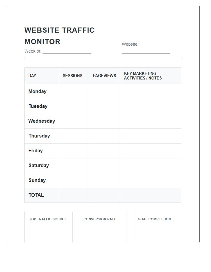 Weekly Website Traffic Monitoring Printable Chart