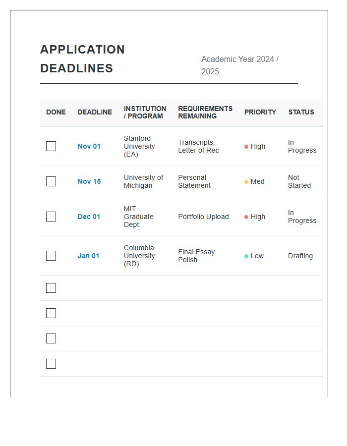 Application Deadline Reminder Printable Chart