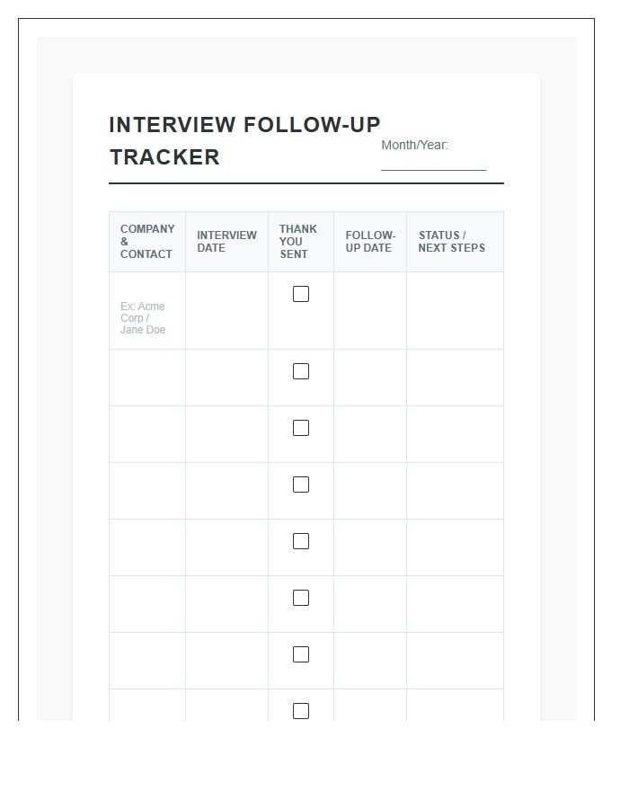 Interview Follow Up Printable Chart