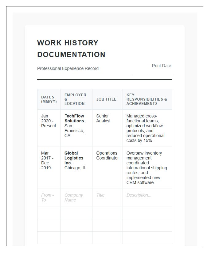 Work History Documentation Printable Chart