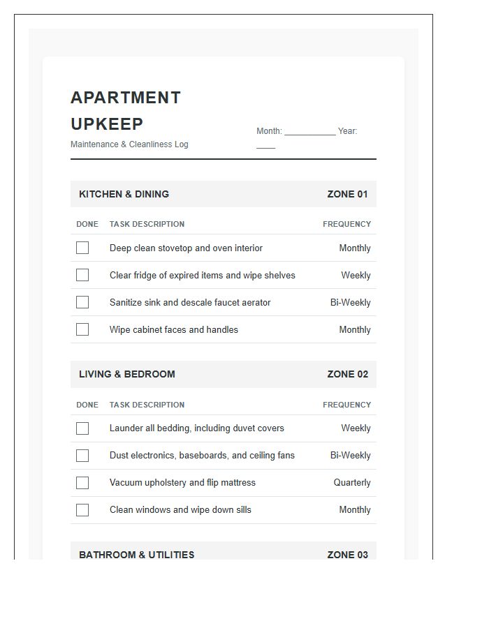 Apartment Upkeep Checklist Printable Chart