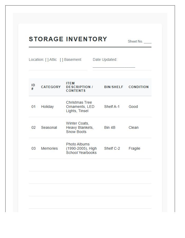 Basement And Attic Inventory Printable Chart