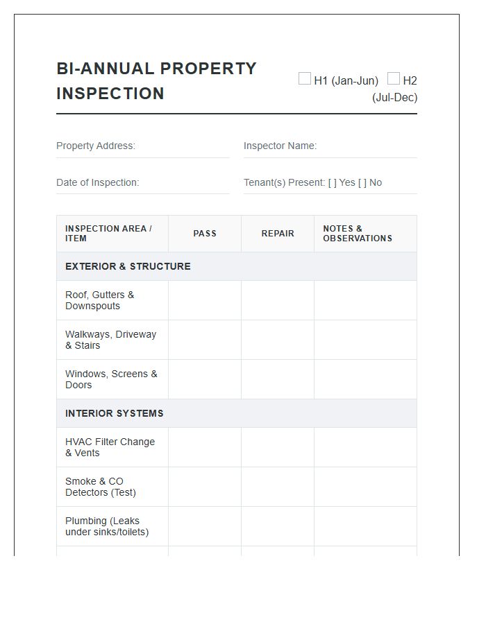 Bi Annual Property Inspection Printable Chart