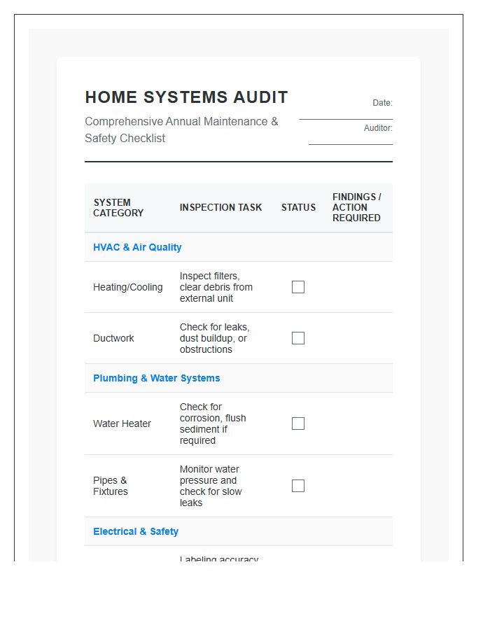Comprehensive Home Systems Audit Printable Chart
