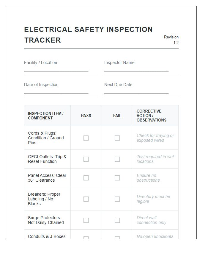 Electrical Safety Inspection Tracker Printable Chart