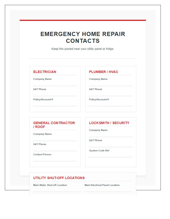 Emergency Home Repair Contact Printable Chart