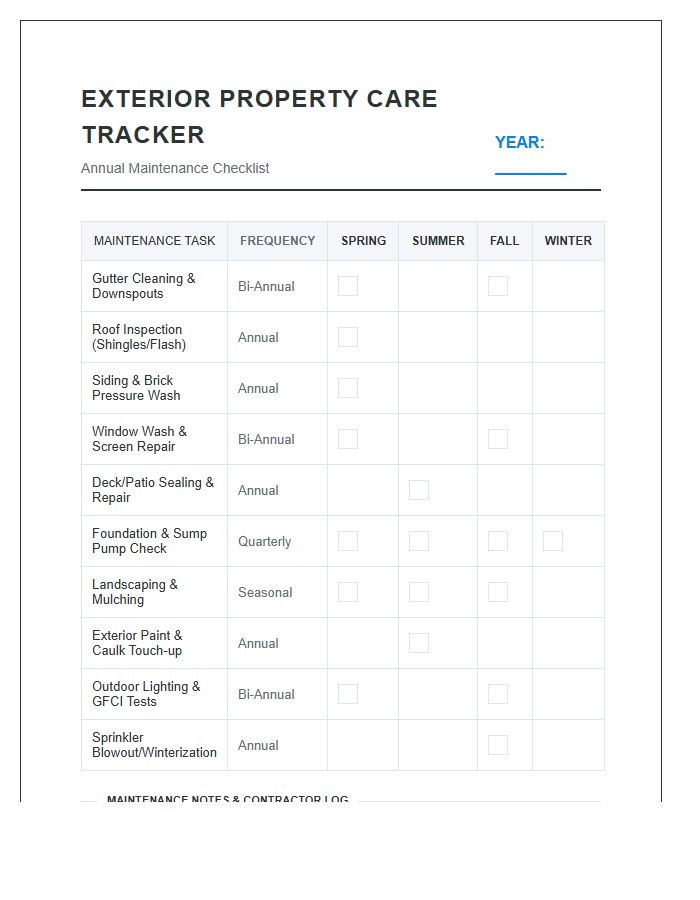 Exterior Property Care Tracker Printable Chart