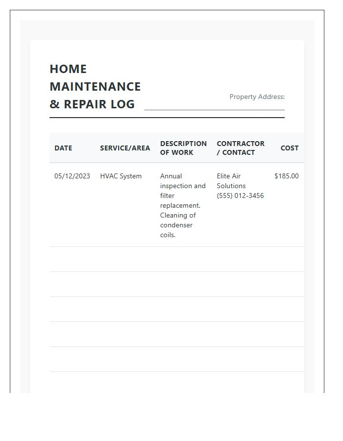 Home Owner Repair History Printable Chart
