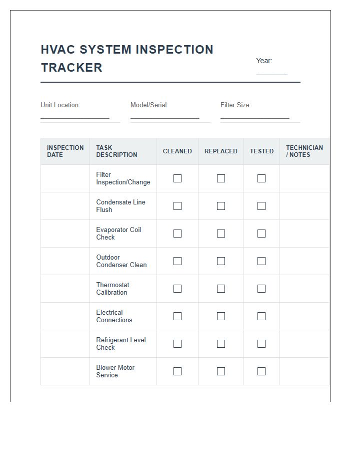 HVAC System Inspection Tracker Printable Chart