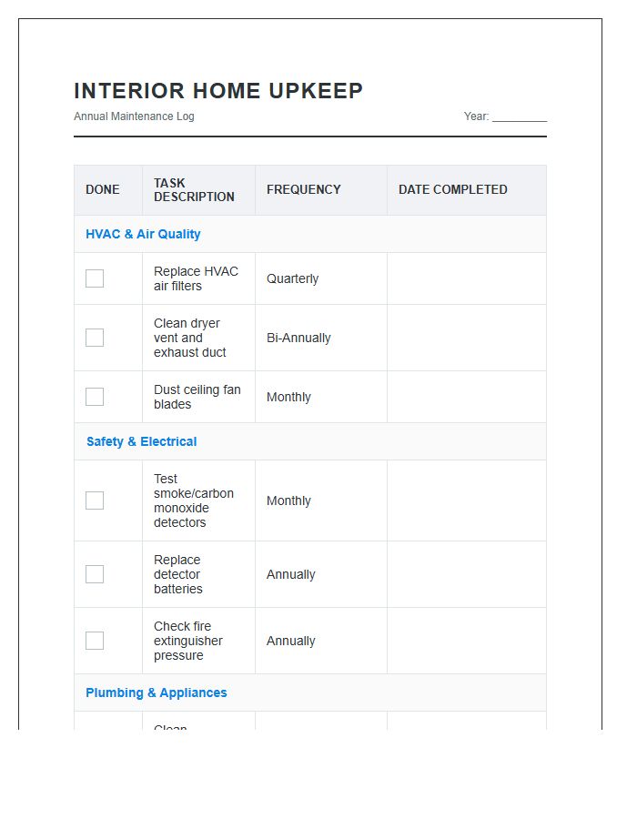 Interior Home Upkeep Schedule Printable Chart
