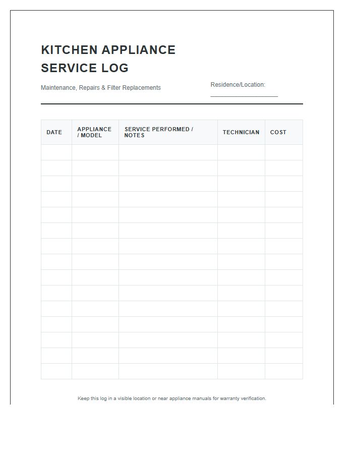 Kitchen Appliance Service Log Printable Chart