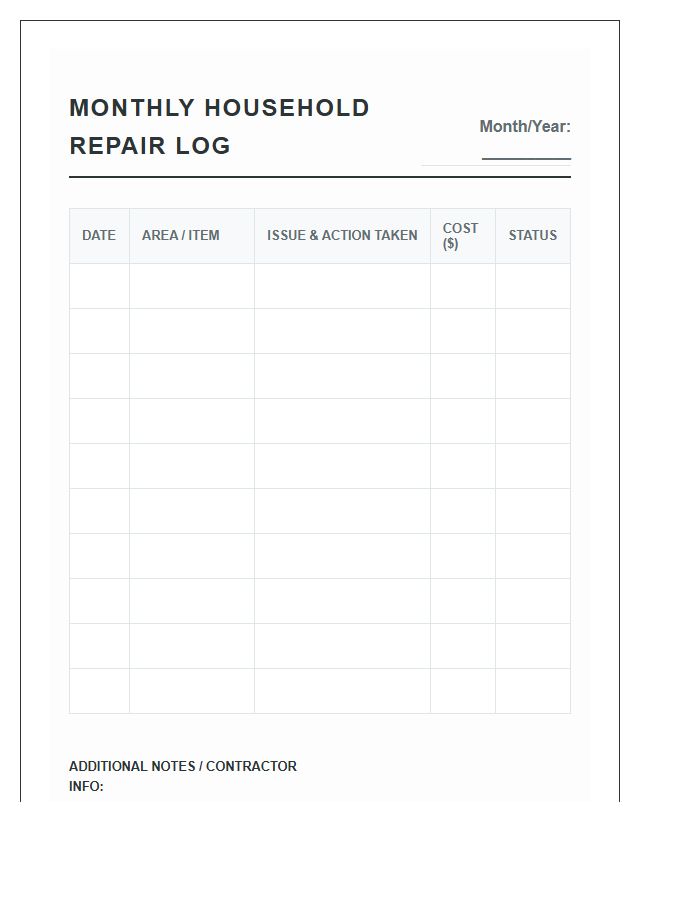Monthly Household Repair Log Printable Chart