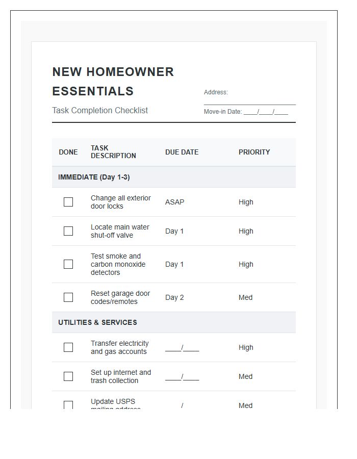 New Homeowner Essential Task Printable Chart