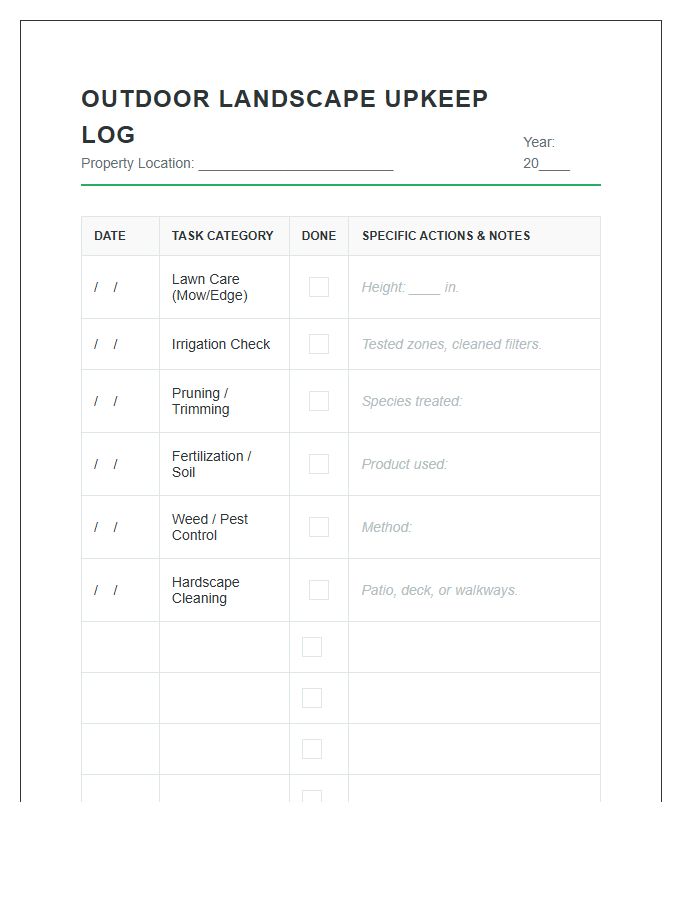 Outdoor Landscape Upkeep Log Printable Chart