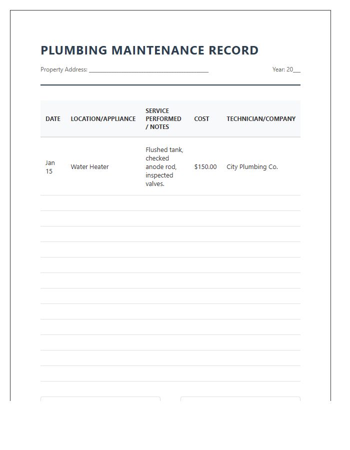 Plumbing System Maintenance Record Printable Chart