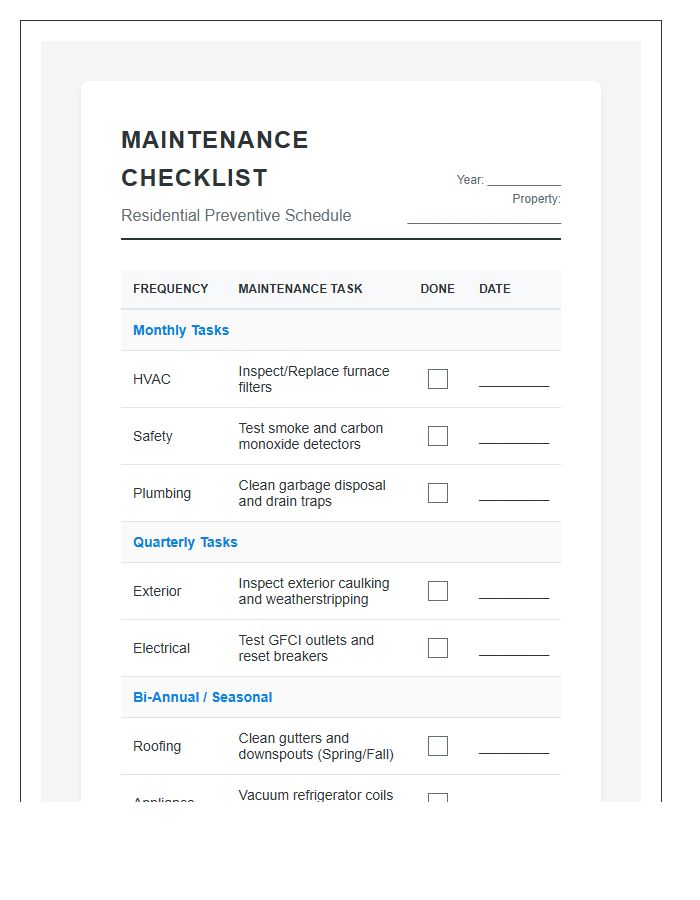 Residential Preventive Maintenance Printable Chart