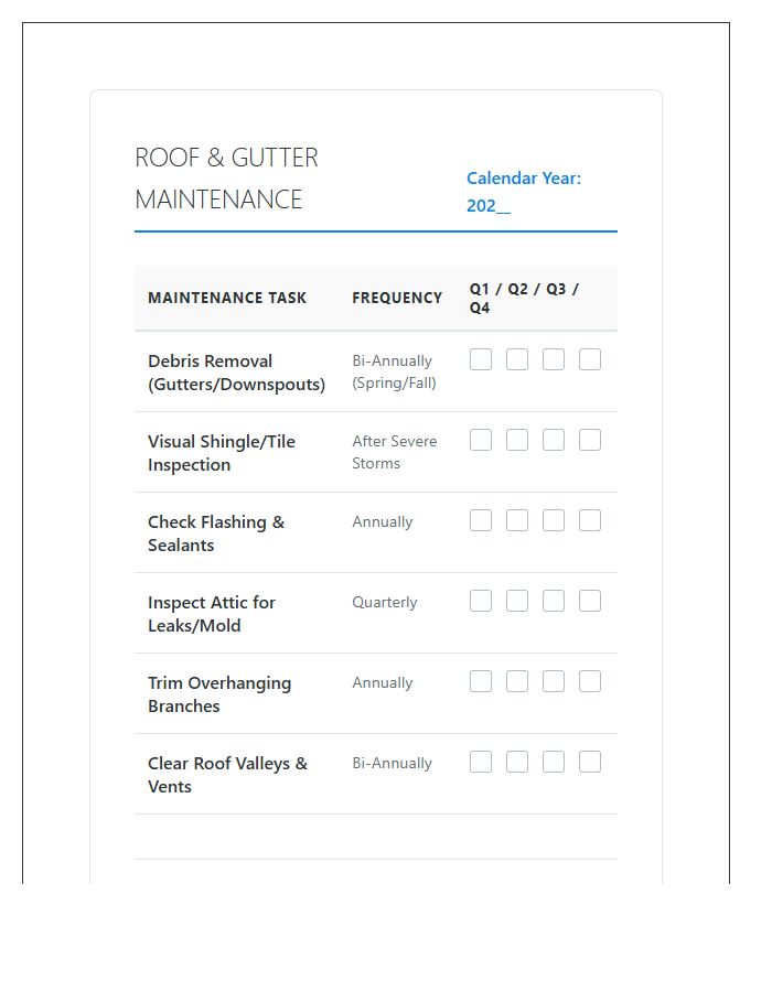 Roof And Gutter Care Printable Chart