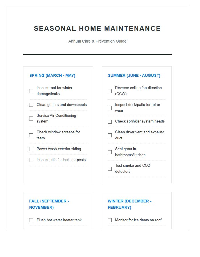 Seasonal Home Maintenance Checklist Printable Chart