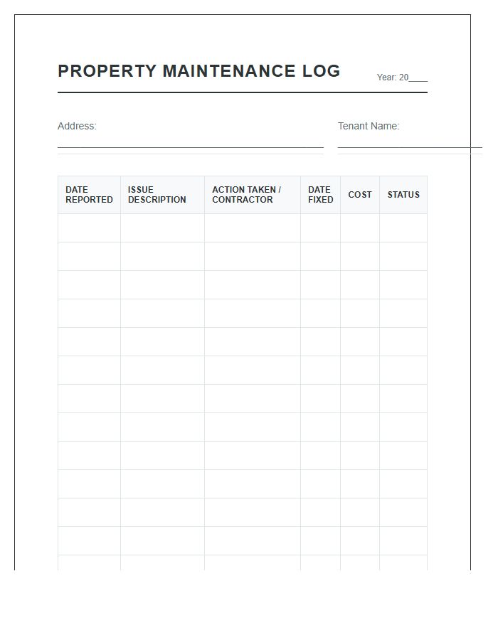 Tenant Property Maintenance Log Printable Chart
