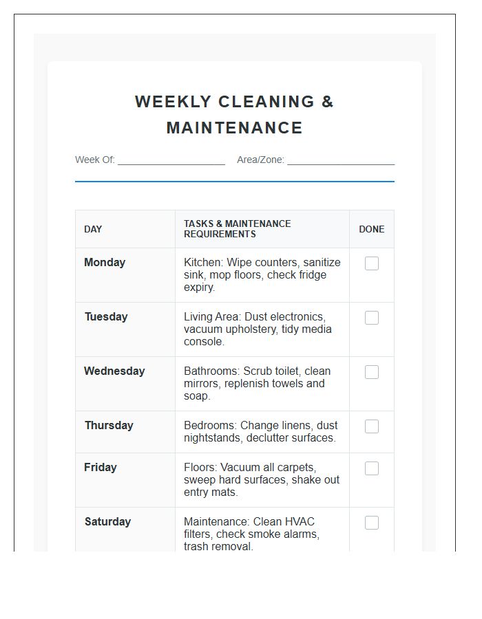 Weekly Cleaning And Maintenance Printable Chart