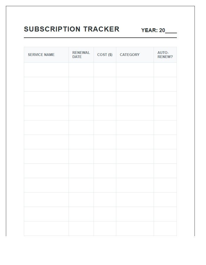 Annual Subscription Services Tracker Printable Chart
