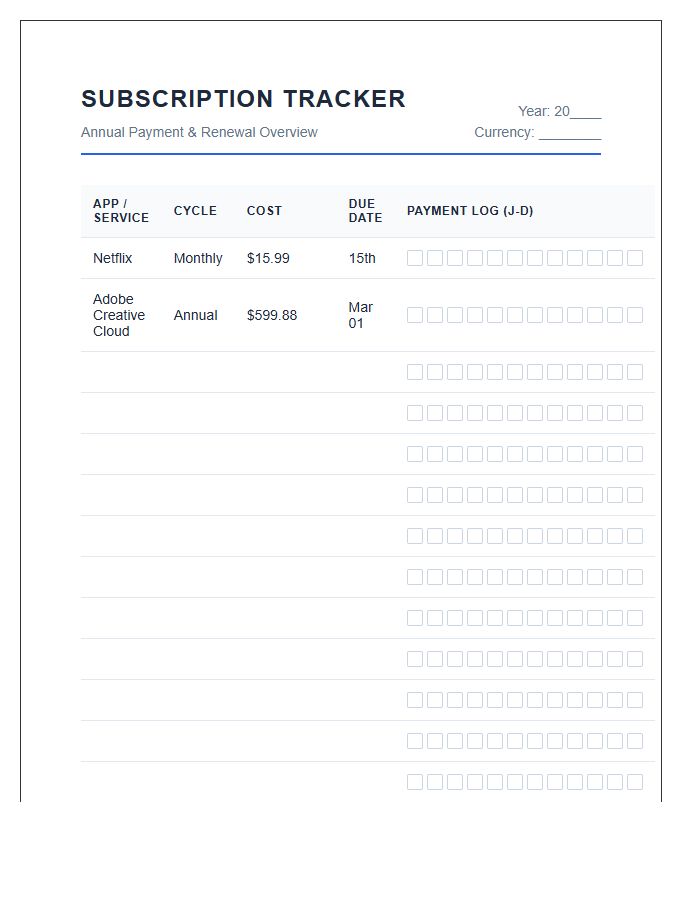 App Subscription Payment Tracker Printable Chart