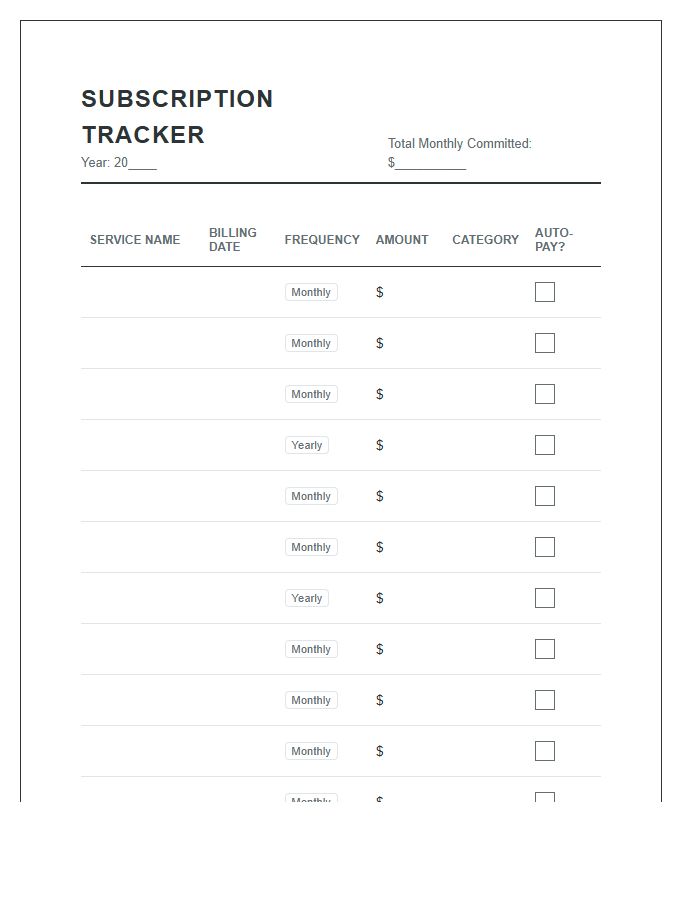 Automated Billing Subscription Tracker Printable Chart