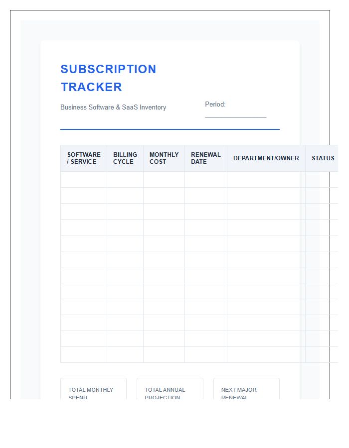 Business Software Subscription Tracker Printable Chart