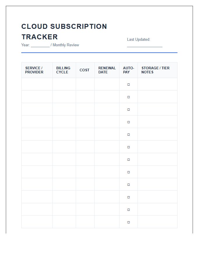 Cloud Service Subscription Tracker Printable Chart