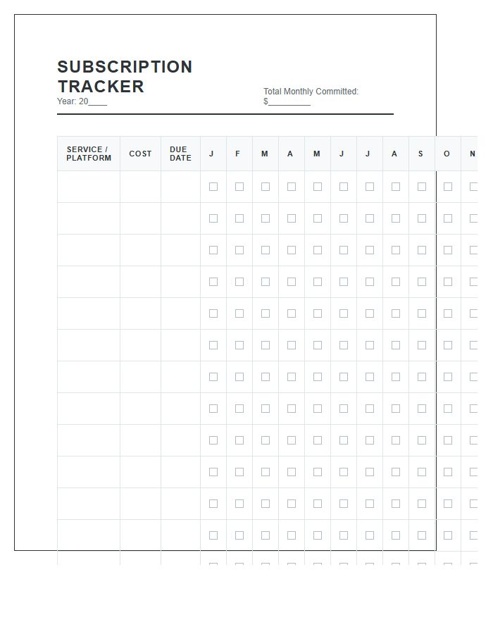 Digital Subscription Payment Tracker Printable Chart