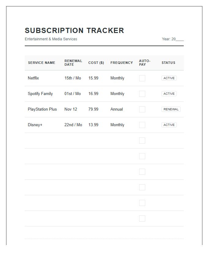 Entertainment Subscription Renewal Tracker Printable Chart