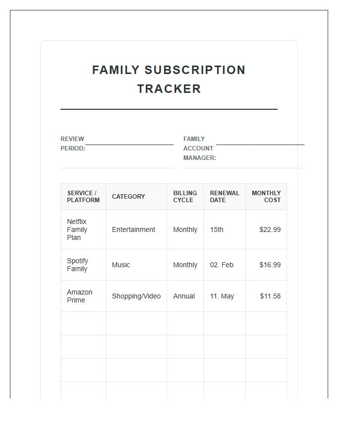 Family Subscription Cost Tracker Printable Chart