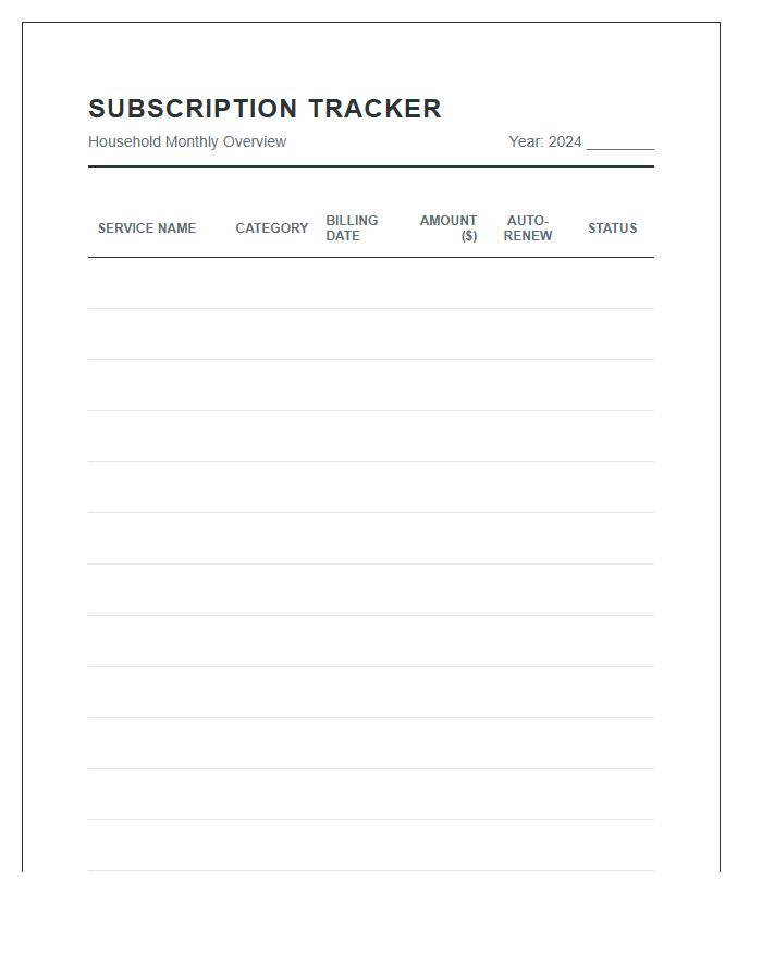 Household Expense Subscription Tracker Printable Chart