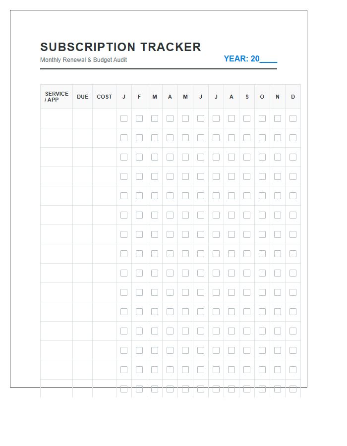 Monthly Subscription Renewal Tracker Printable Chart