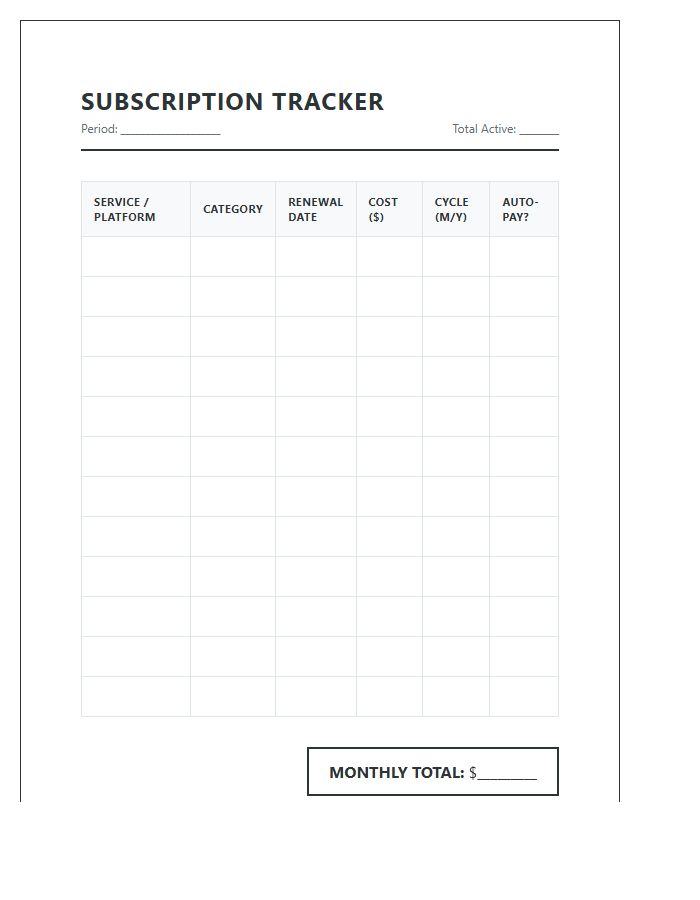 Multi Platform Subscription Tracker Printable Chart