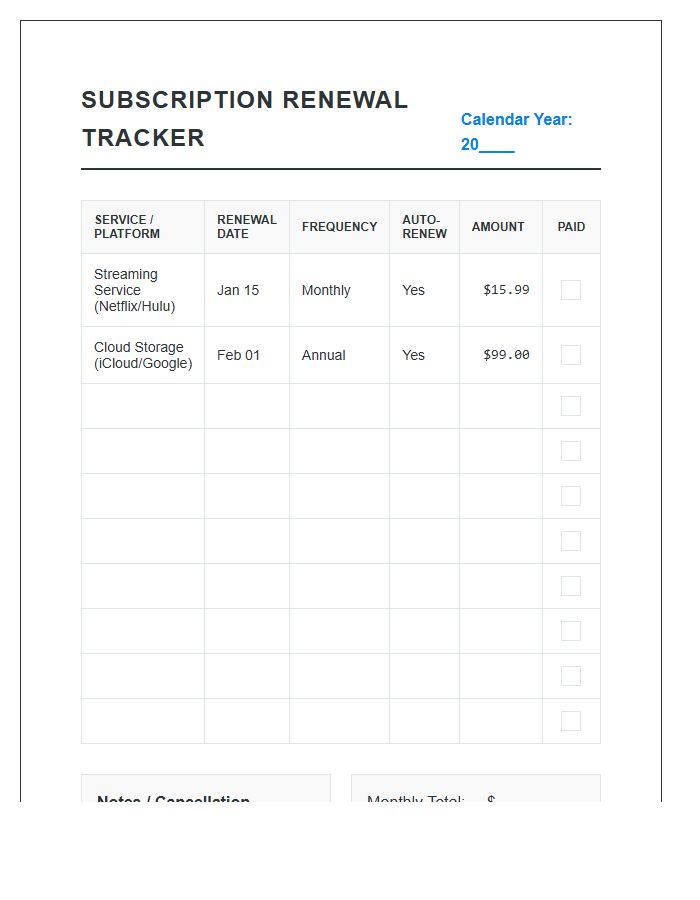 Personal Finance Subscription Renewal Printable Chart