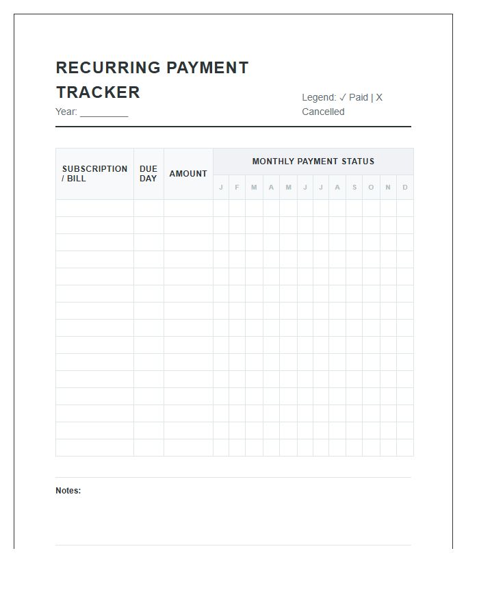 Recurring Payment Tracking Printable Chart