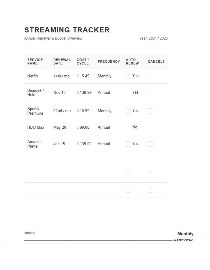 Streaming Service Renewal Tracker Printable Chart