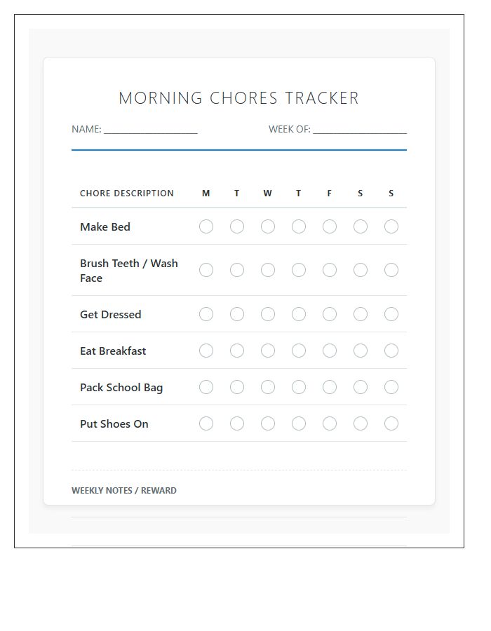 Morning Chores Tracker Printable Chart