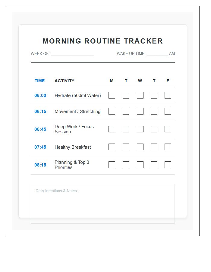 Productivity Morning Routine Printable Chart