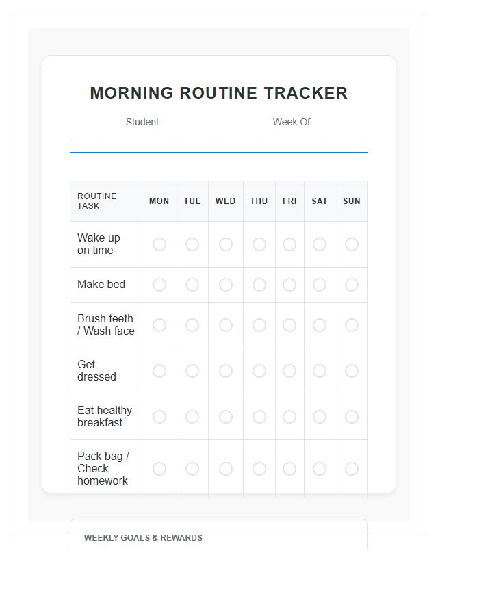 Student Morning Routine Tracker Printable Chart