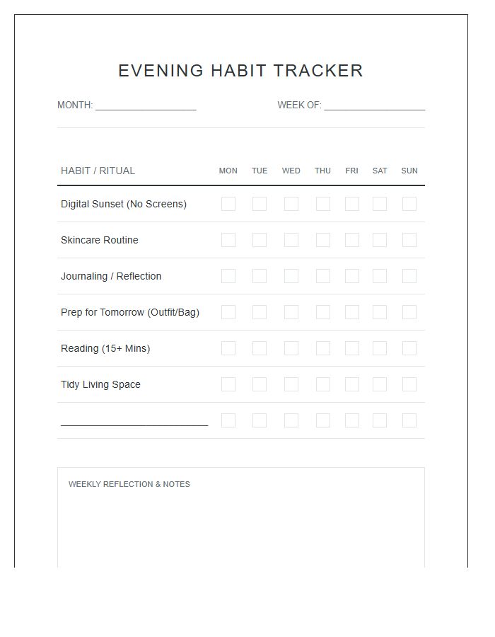 Adult Evening Habit Tracker Printable Chart