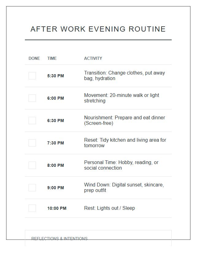 After Work Evening Routine Printable Chart