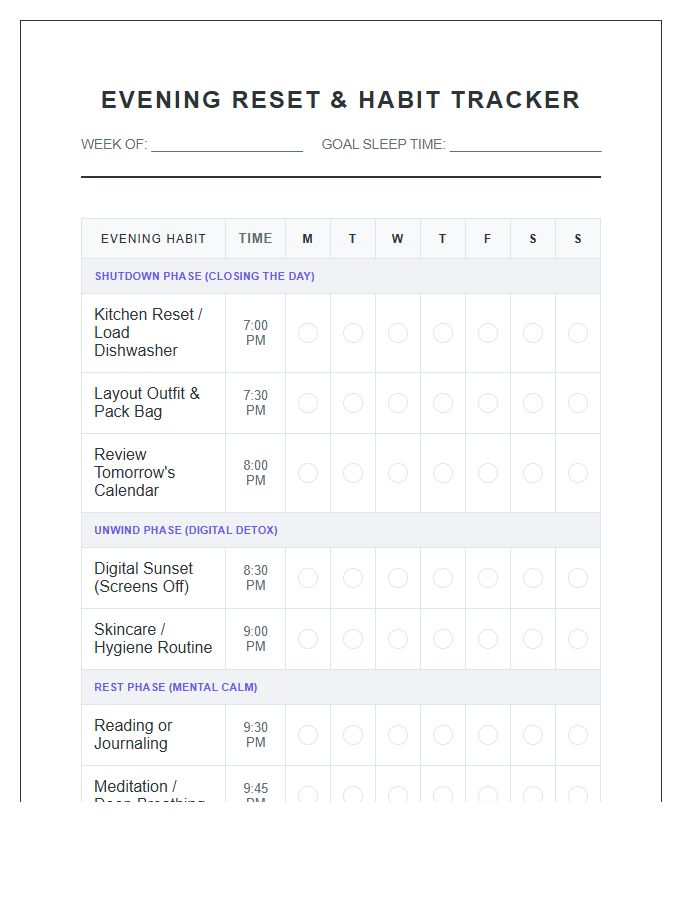 Comprehensive Evening Habit Printable Chart