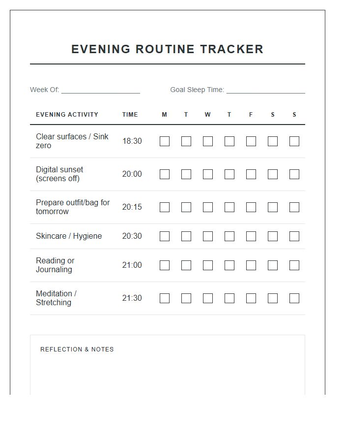 Daily Evening Routine Tracker Printable Chart