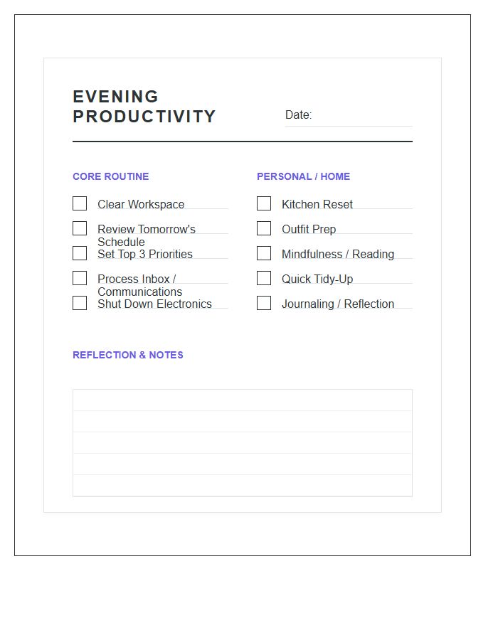 Evening Productivity Task Printable Chart